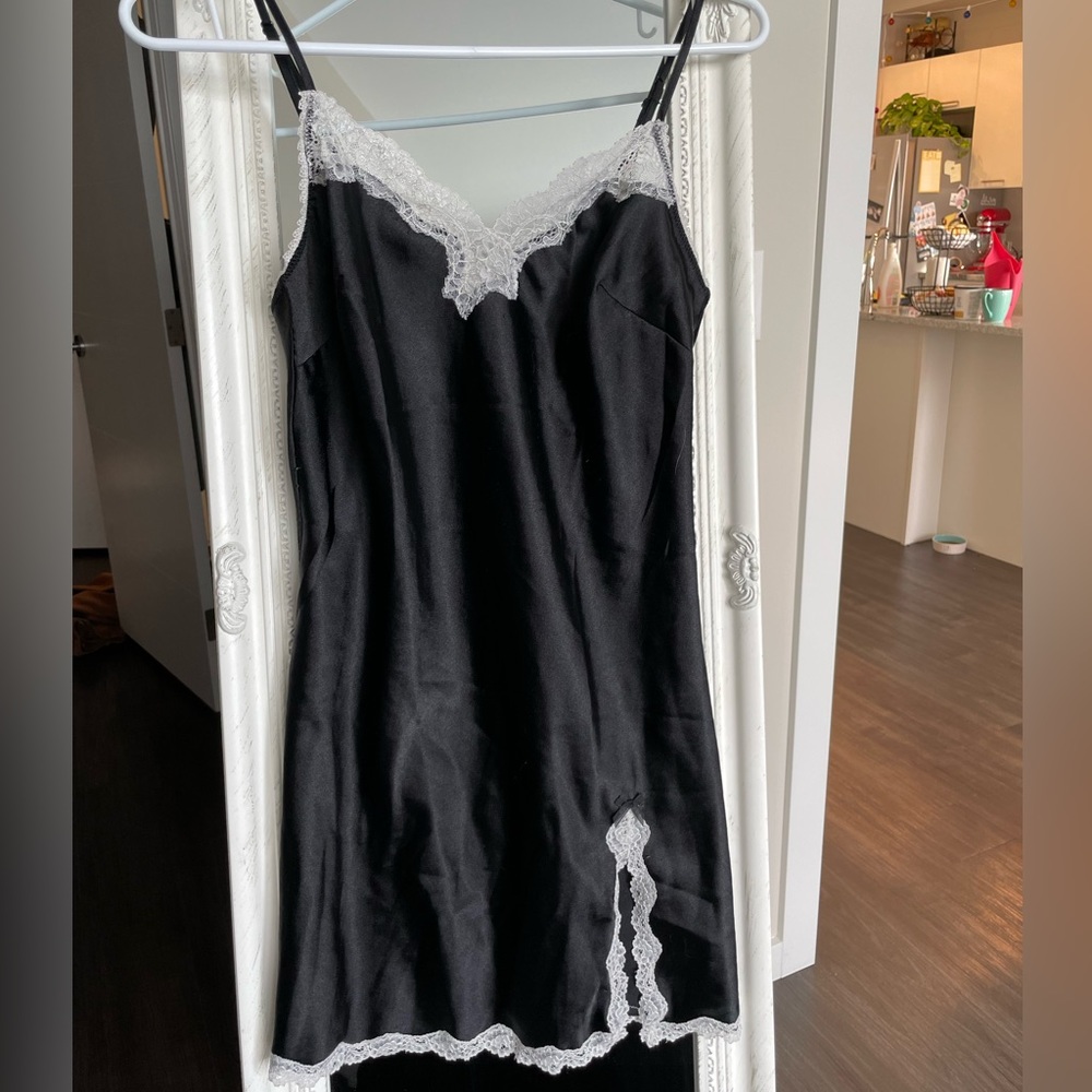 Victoria’s Secret S/P Satin Black Slip Dress with White Lace